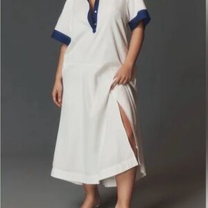 Anthropologie White and Blue Slit Midi Dress Polo Collar